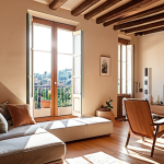 **A cozy Italian apartment interior:** Focus on a sunlit living room with tasteful decor, emphasizing energy efficiency. Include smart home technology elements like a smart thermostat or LED lighting. The overall atmosphere should be warm and inviting, illustrating the benefits of sustainable condo living in Italy. (Keywords: Italian interior design, sustainable living, smart home, energy efficiency, living room, sunlight)
