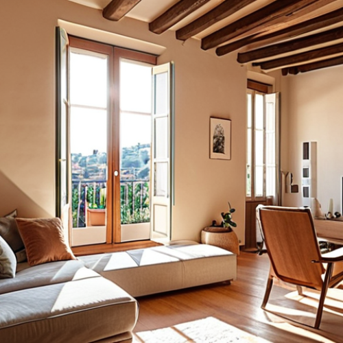 Home 22 **A cozy Italian apartment interior:** Focus on a sunlit living room with tasteful decor, emphasizing energy efficiency. Include smart home technology elements like a smart thermostat or LED lighting. The overall atmosphere should be warm and inviting, illustrating the benefits of sustainable condo living in Italy. (Keywords: Italian interior design, sustainable living, smart home, energy efficiency, living room, sunlight)