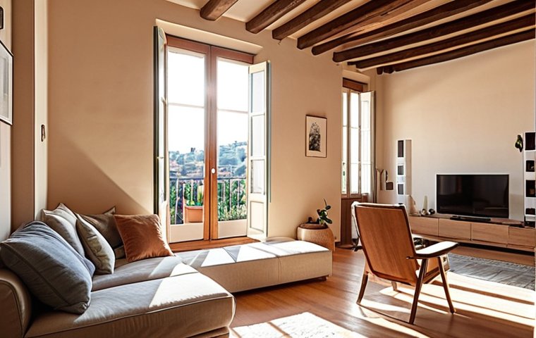 **A cozy Italian apartment interior:** Focus on a sunlit living room with tasteful decor, emphasizing energy efficiency. Include smart home technology elements like a smart thermostat or LED lighting. The overall atmosphere should be warm and inviting, illustrating the benefits of sustainable condo living in Italy. (Keywords: Italian interior design, sustainable living, smart home, energy efficiency, living room, sunlight)