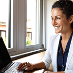 **

A busy Italian condominium administrator in a modern office setting, working on a laptop with condominium management software visible on the screen. Papers are neatly organized, and a smartphone is nearby. The administrator is smiling slightly, looking competent and in control, but also approachable. Sunlight streams in through a window overlooking a typical Italian courtyard. The overall mood is efficient and professional. Focus on conveying the blend of technology and personal touch in property management.

**