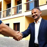 **

>A modern apartment building in Italy. Bright, sunny day. Focus on the building's facade, showing well-maintained common areas. Include a professional-looking administrator (male or female, your choice) shaking hands with a smiling resident in front of the building. The scene should convey trust and competence. Consider adding a subtle ANACI (or other Italian association) logo somewhere in the background (discreetly).

**