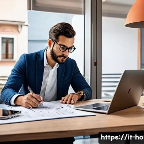 Home 31 주택관리사 업무의 스트레스 해소법 - A professional Italian property manager in a modern office setting, surrounded by digital devices li...