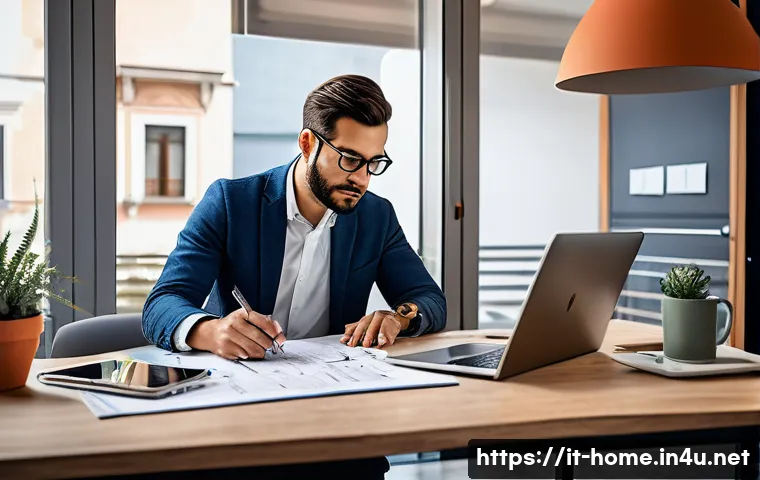 주택관리사 업무의 스트레스 해소법 - A professional Italian property manager in a modern office setting, surrounded by digital devices li...