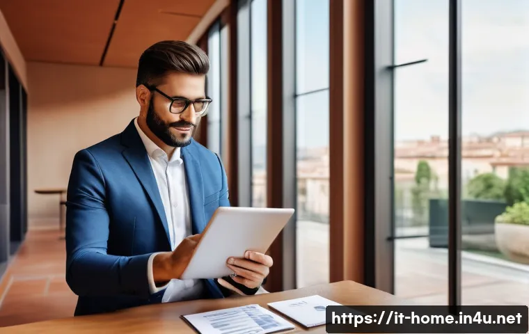 주택관리사와 시설 관리자의 업무 차이 - A professional condominium administrator in a modern Italian apartment building setting, wearing bus...