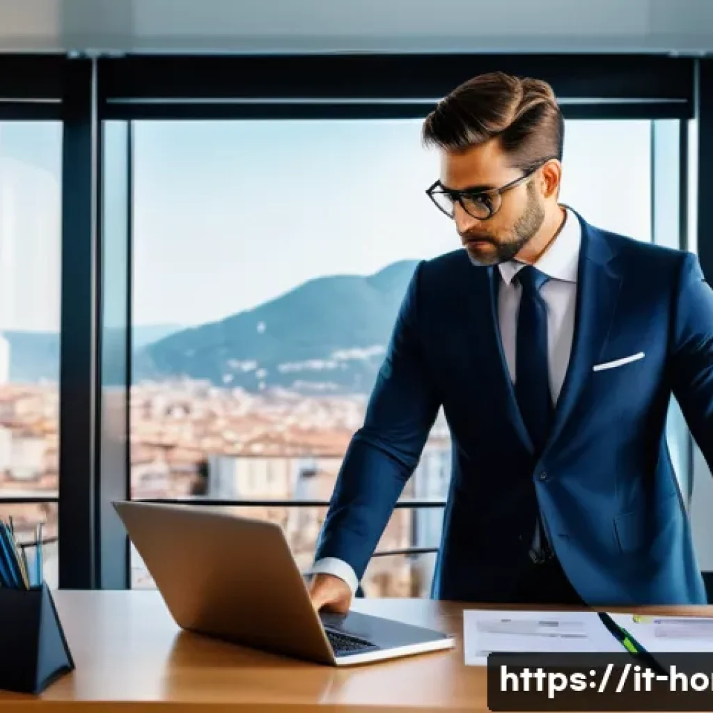 주택관리사 법정 필수 교육 - A modern condominium manager in a stylish Italian office, surrounded by digital devices displaying c...