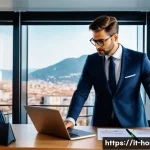 Home 23 주택관리사 법정 필수 교육 - A modern condominium manager in a stylish Italian office, surrounded by digital devices displaying c...