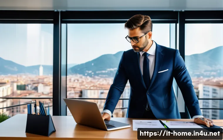 주택관리사 법정 필수 교육 - A modern condominium manager in a stylish Italian office, surrounded by digital devices displaying c...