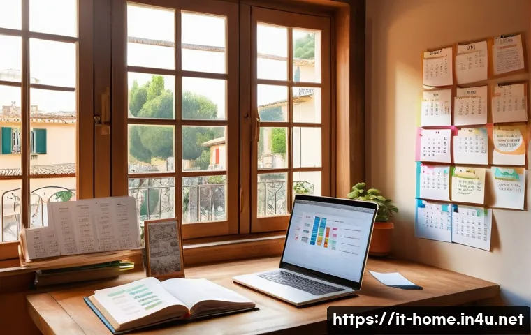 주택관리사 자격증 공부 루틴 - A focused Italian student studying real estate administration in a cozy, well-lit home office with a...