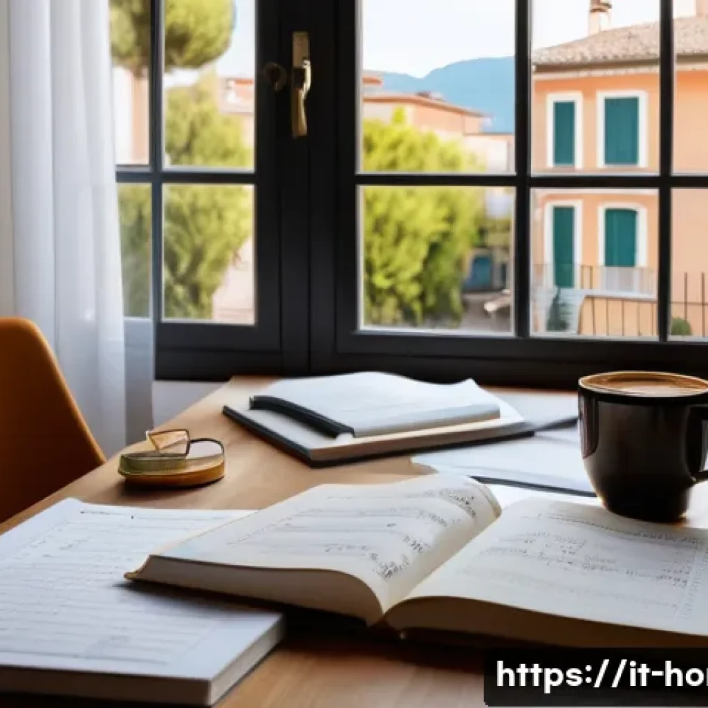 주택관리사 시험 최신 기출문제 - A detailed, professional study desk setup in a cozy Italian home environment, featuring a laptop dis...