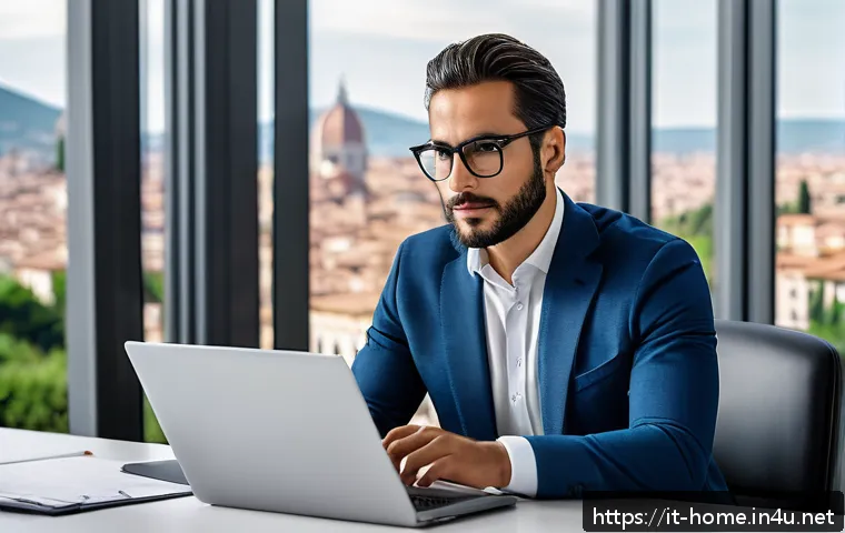 주택관리사 직무 만족도 조사 - A professional Italian real estate manager in a modern office setting, dressed in smart business att...