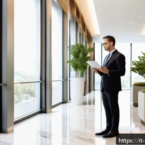주택관리사와 공인중개사의 차이점 - A professional condominium administrator in a modern Italian condominium lobby, wearing business att...