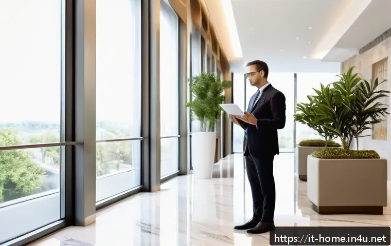 주택관리사와 공인중개사의 차이점 - A professional condominium administrator in a modern Italian condominium lobby, wearing business att...