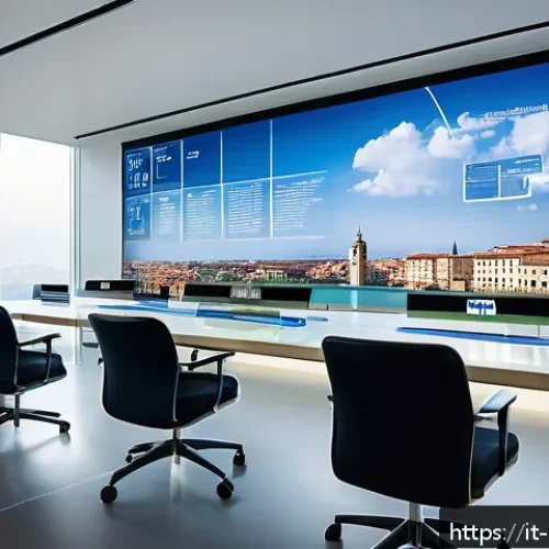주택관리사와 공공기관 취업 연계성 - A modern Italian public administration office interior showcasing advanced digital platforms on mult...