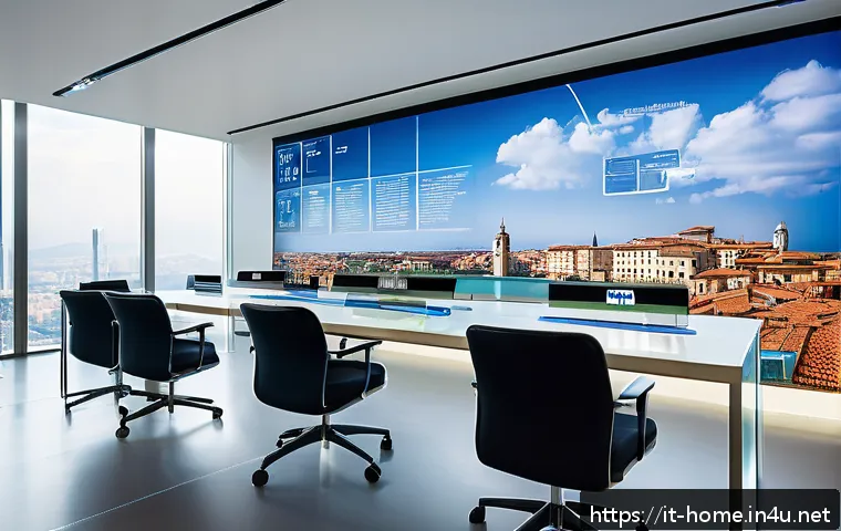 주택관리사와 공공기관 취업 연계성 - A modern Italian public administration office interior showcasing advanced digital platforms on mult...