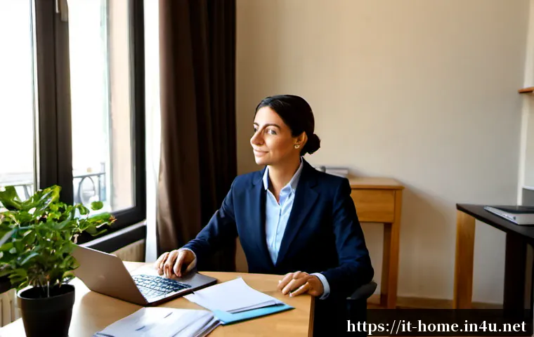 주택관리사 업무 스트레스 관리법 - Photorealistic Italian condominium property manager in a bright Milan apartment office, taking a cal...