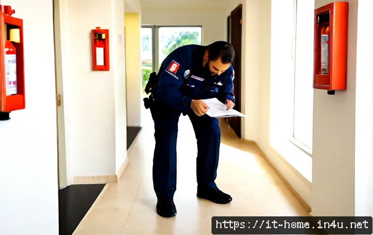 주택관리사와 재난관리 업무 연결 - Photorealistic Italian condominium property manager in a neat smart-casual outfit reviewing an emerg...