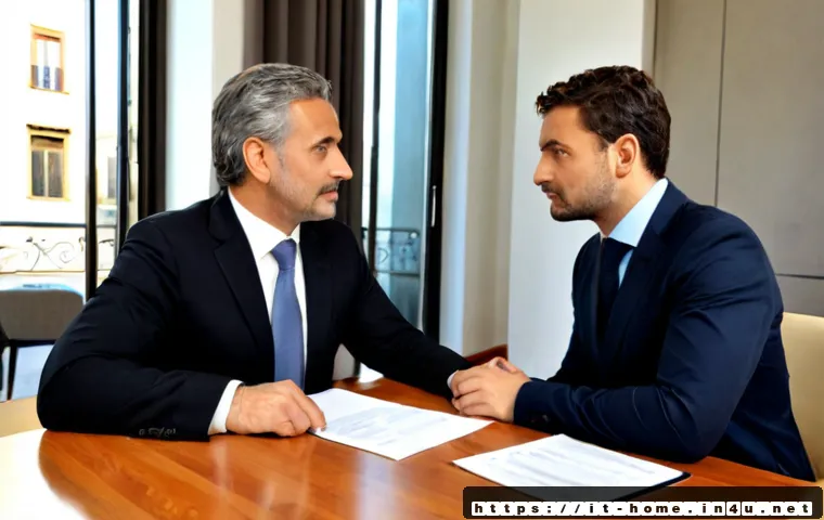 Home 17 주택관리사 연봉협상 전략 - Photorealistic salary negotiation meeting in a modern Italian condominium management office, confide...